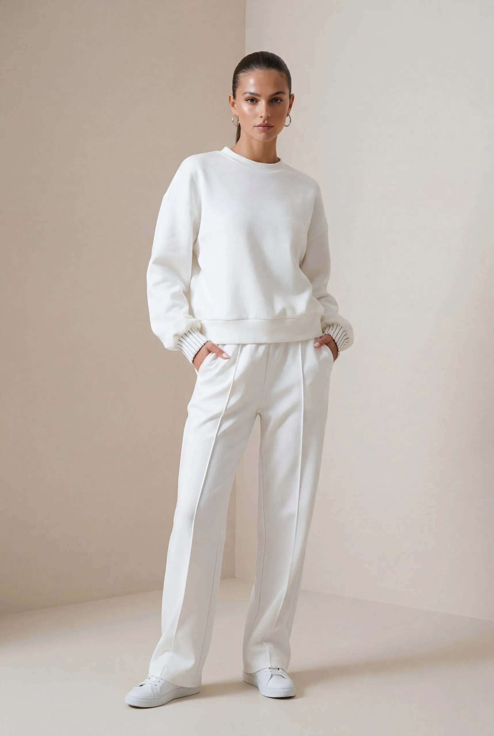 ‘s wearing very minimal silver earrings. create product photos in old money style